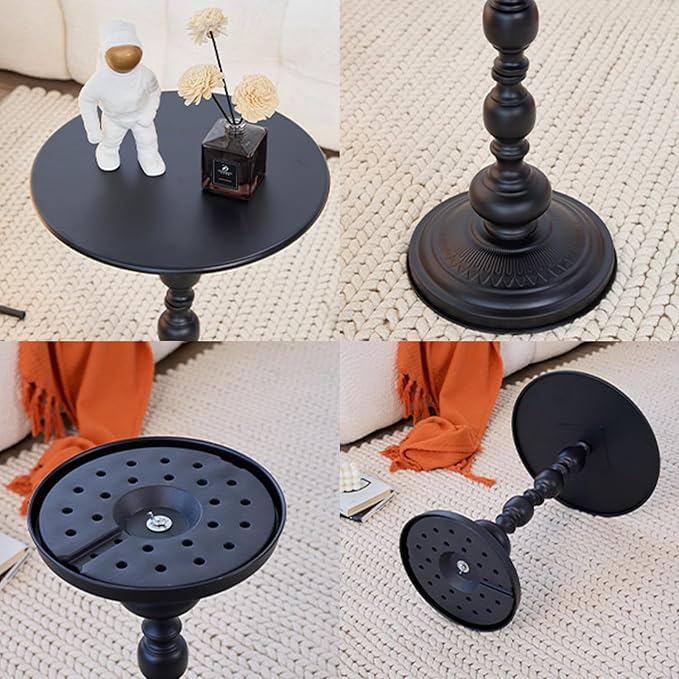 Elegant Vintage Round Side Table with Roman Columns - Sturdy Metal Design, Perfect as a Coffee, End, Tea, or Leisure Table for Living Room and Bedroom Decor, (Black 1 Pack)
