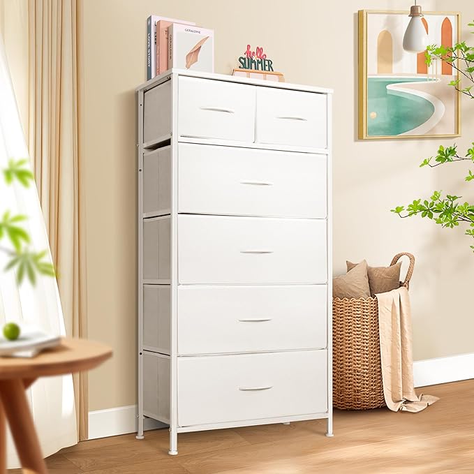 Tall Dresser for Bedroom, Vertical Storage Organizer Tower with 6 Drawers, Chest of Drawers with Fabric Bins, Steel Frame, Wood Top for Bedroom, Closet, Entryway- White