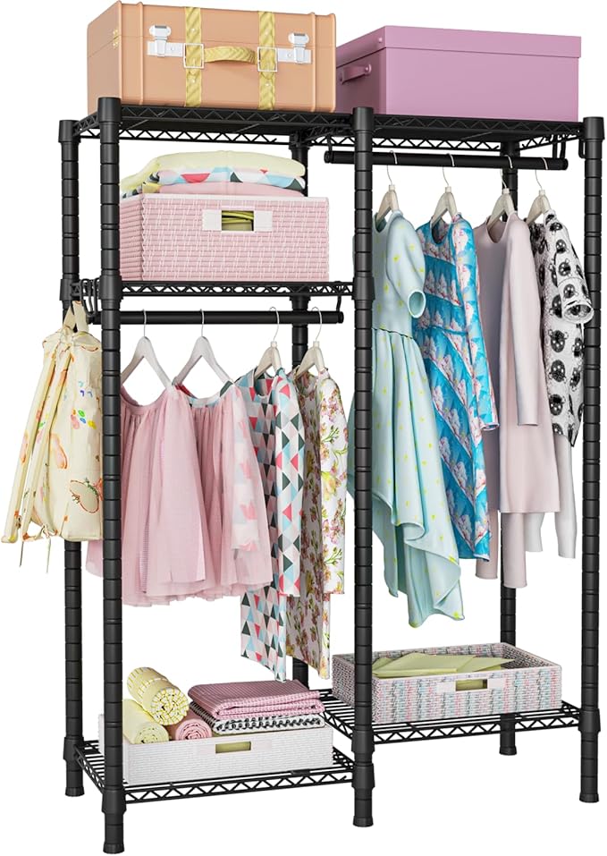 Ulif F1 Garment Rack for Kids, Baby, Students, and Children's Room, 4 Tiers Freestanding and Portable Heavy Duty Closets, Small Metal Clothes Rack with 2 Hanging Rod, 31.2" W x 11.8" D x 48" H, Black
