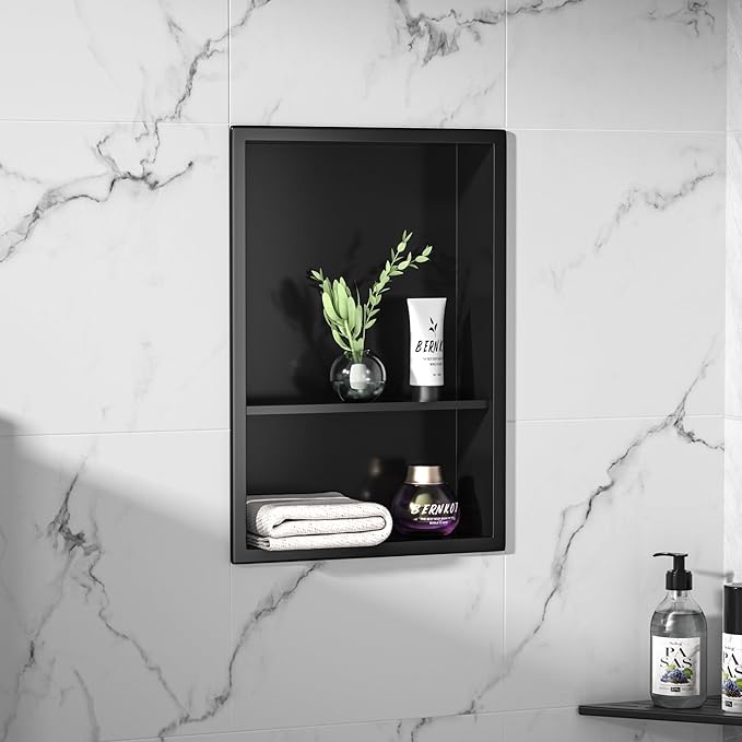 Stainless Steel Shower Niche 18" X 12" Matte Black No Tile Needed Vertical Niche Shower with Two- Tier Shelves Recessed Wall Niches for Bathroom Storage Over Mount Installation