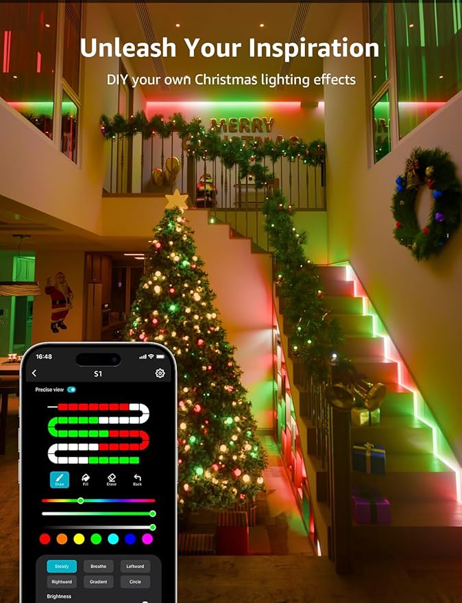 Lepro S1 AI LED Strip Lights for Christmas Decorations, 50ft Smart RGB Light Strips with IC and Rainbow Chasing Effects, Personalized Al Lighting Designer, No Remote, 2.4GHz Wi-Fi & Bluetooth