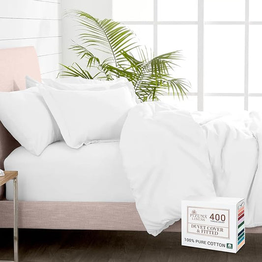 Pizuna 100% Cotton Twin 2 Pc Duvet Cover + 1 Pc Fitted Sheet Set 400 Thread Count White Sateen Weave Luxurious Long Staple Cotton 4 Piece Bedding Set - 1 Duvet Cover, 1 Pillow Sham, 1 Fitted Sheet