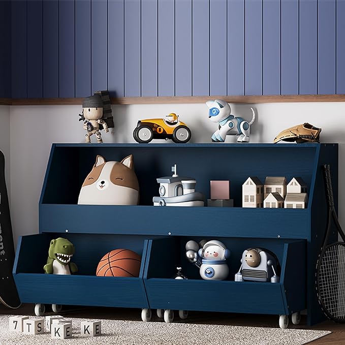 Toy Storage and Organizer for Kid, Boys and Girls Muti-Functional Bookcase and Storage Bin with Moveable Drawers, Children Toddler Storage Carbinet Dark Blue