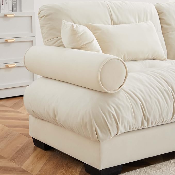 Ball & Cast 166" U Shaped Couch Sectional Couch,4 Seater Modular Couchs with Round Bolster Armrest,6 Pillows,Waist Pillows,Modern Corner Sofa w/ 2 Removable Ottomans,for Living Room,Cream
