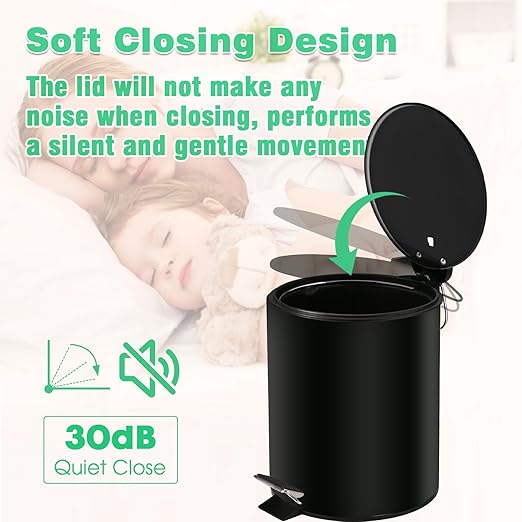 URALFA 2 Pack Small Bathroom Trash Can with Lid Soft Close, Step Pedal, 5 Liter / 1.3 Gallon Stainless Steel Slim Garbage Can for Bedroom, Diaper Waste Basket with Removable Inner Bucket (Matte Black)