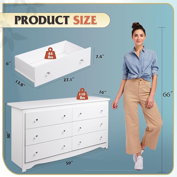 WLIVE White Dresser for Bedroom, 59“ Wide Chest of Drawers with 6 Drawer, Wood Long Nightstand with Drawers, Modern Large Storage Tower Unit, Closet Store Organizer for Living Room, Hallway