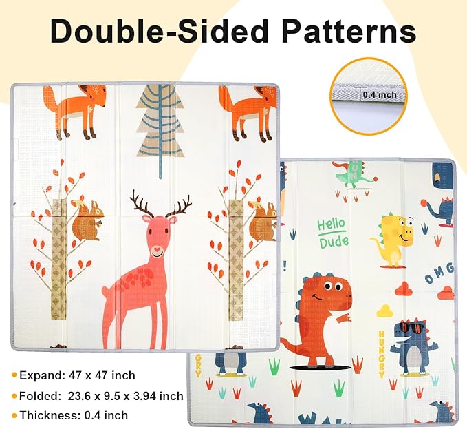 Foldable Baby Play Mat,47" x 47" Baby Playmat for Playpen,0.4 inch Thick Waterproof Anti-Slip Reversible Play Mat for Infant Crawling Baby for 50x50 Playpen