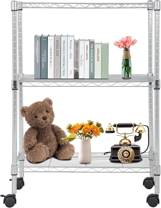BestOffice 3-Tier Adjustable Wire Shelving Storage Shelves Heavy Duty Shelving Unit with Wheels for Small Places Kitchen Garage Balcony,Chrome