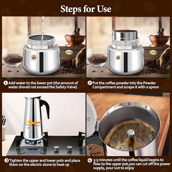6 Cup Moka Pot Percolator Italian Coffee Maker 300ml Stovetop Espresso Mocha Stainless Steel Greca Coffee Maker Classic Cafe Makers Suitable for Induction Cookers Ceramic Stoves Straight