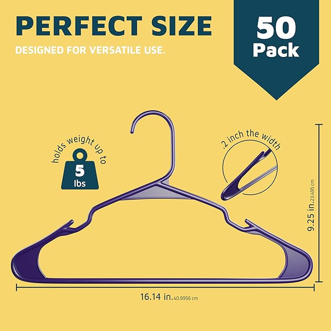 Plastic Clothes Hangers – Heavy Duty Hanger Set, for Organizing Clothes, Dresses, and Coat, Holds Up to 5 lbs, Space-Saving Hangers with Non-Slip Shoulder Grooves, Pack of 50, Purple