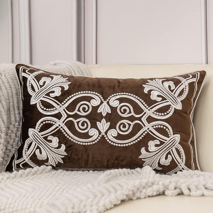Aeckself European Floral Pillow Cover 12x20 Inch, Luxury Velvet Embroidered Decorative Lumbar Throw Pillow Cover for Couch Bedroom Living Room, Brown and White