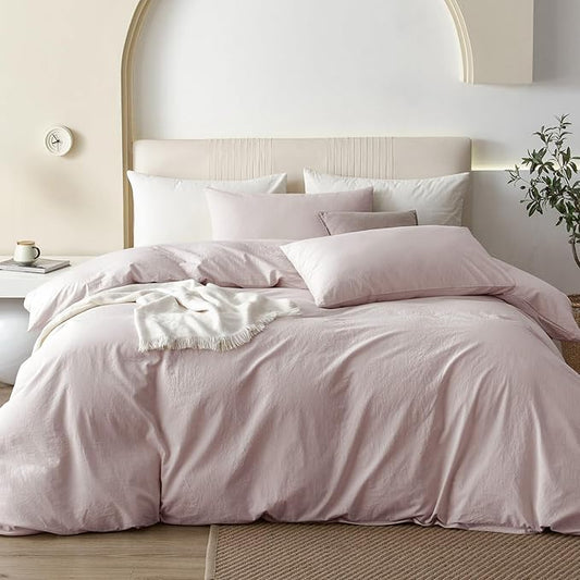 JIYUAN 100% Washed Cotton Duvet Cover Set 3 Pieces King, 1 Duvet Cover 104x90 Inches (Comforter Not Included) and 2 Pillowcases,Linen Feel Bedding Set Comfy and Breathable, Heathered Greyish Pink