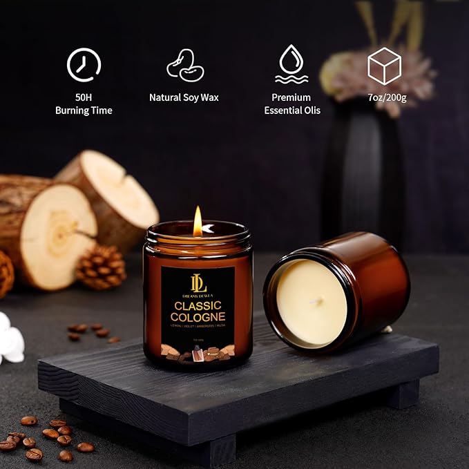Classic Cologne Candle, Cologne Aromatherapy Candle, Masculine Candles for Men, Father's Day Gifts for Men, Natural Soy Candles for Home Scented, Long Lasting with 50 Hour Burn Time, 7oz