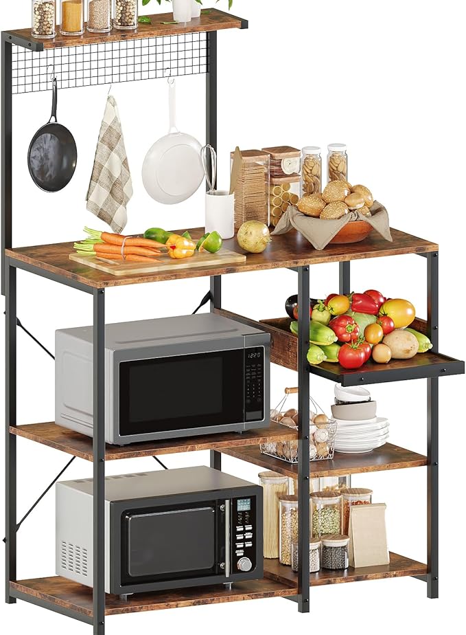Zenira 7 Tiers Kitchen Bakers Rack with Storage Shelves, 36 Inch Microwave Stand, Coffee Bar Cart Station with 3 S Hooks, Kitchen Shelves for Pantry, Spices, Pots, Utensils, Rustic Brown