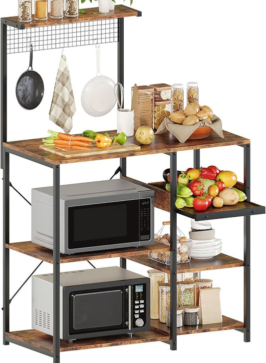 Zenira 7 Tiers Kitchen Bakers Rack with Storage Shelves, 36 Inch Microwave Stand, Coffee Bar Cart Station with 3 S Hooks, Kitchen Shelves for Pantry, Spices, Pots, Utensils, Rustic Brown