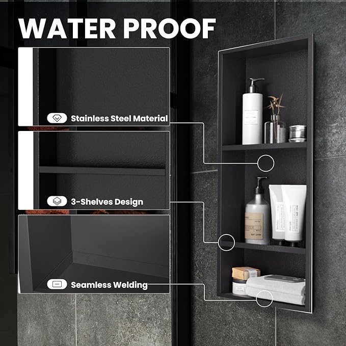 Stainless Steel Shower Niche 12" x 29", 3-Tier Shower Niches No Tile Needed, Recessed Niche for Shower Wall, Shower Niche Shelf for Bathroom Storage, Matte Black