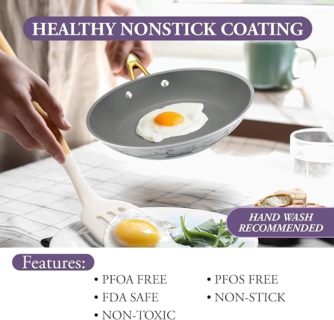 Frying Pan Nonstick Set 2 Piece, 8＆10 Inch Skillet Easy to Clean, Kitchen Fry Pan without PTFE & PFOA, Compatible with All Stovetops, Lightweight and Durable, Marble White