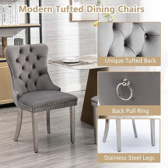 Goujxcy Modern 7 Piece Glass Dining Table Set Luxury Glass Kitchen Table and Chair Set for 6, 70" Large Rectangular Dining Room Table with 6 Tufted Chairs and Stainless Steel Legs (Silver & Grey)