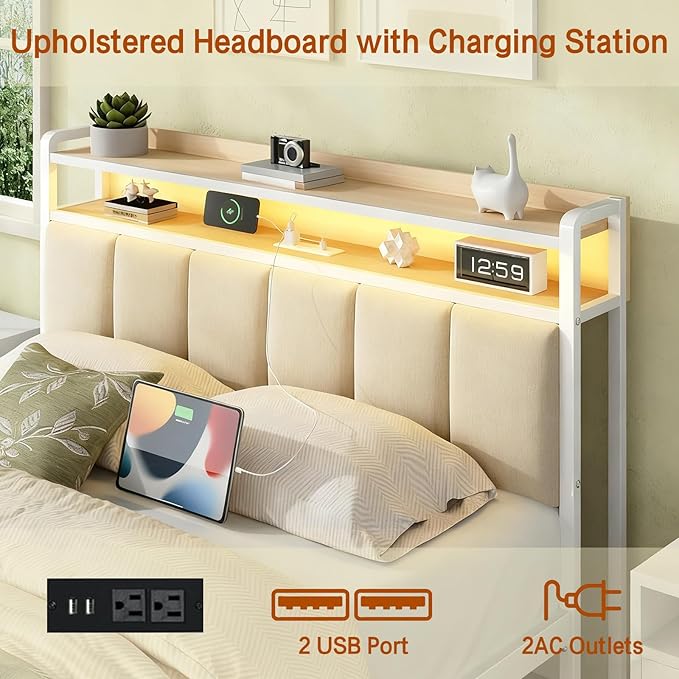 Queen Bed Frame with Charging Station and Storage Headboard, Metal Platform Bed Frame Queen Size with LED Lights, Heavy Duty Metal Slats Support, No Box Spring Needed, Easy Assembly, Beige