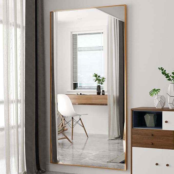 Beauty4U 76" x 37" Large Full Length Mirror with Stand, Gold Wall Mounting Full Body Tempered Mirror, Metal Frame Full-Length Mirror for Living Room, Bedroom