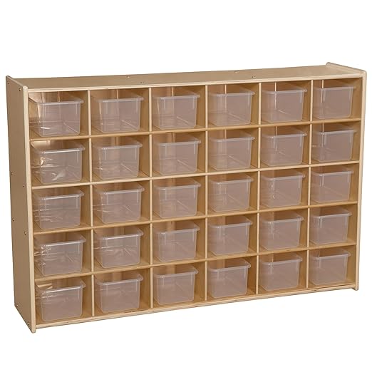 Contender Cubby Storage Organizer Cubes, 30 Cubbies with Clear Plastic Bins, Wood Furniture for Kids Toys, Daycare, Classroom, 47-inch Width