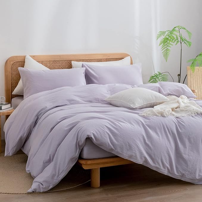 BESTOUCH Duvet Cover Set 100% Washed Cotton Linen Feel Super Soft Comfortable Chic Lightweight 2 PCs Home Bedding Set Solid Taro Purple Twin/Twin XL