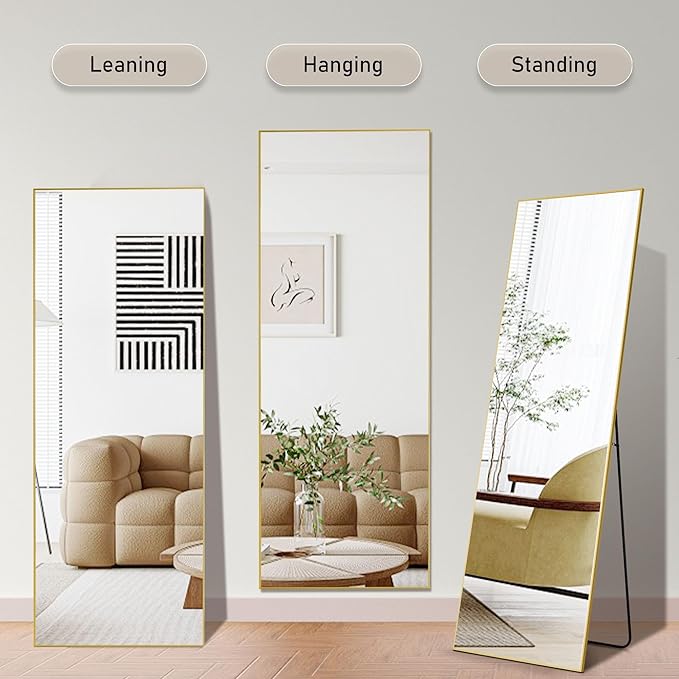 OLIXIS Full Length Mirror 64"x21" for Bedroom, Full Body Mirror with Stand, Hanging or Leaning for Wall, Aluminum Alloy Thin Frame Floor Standing for Living Room, Long, Gold