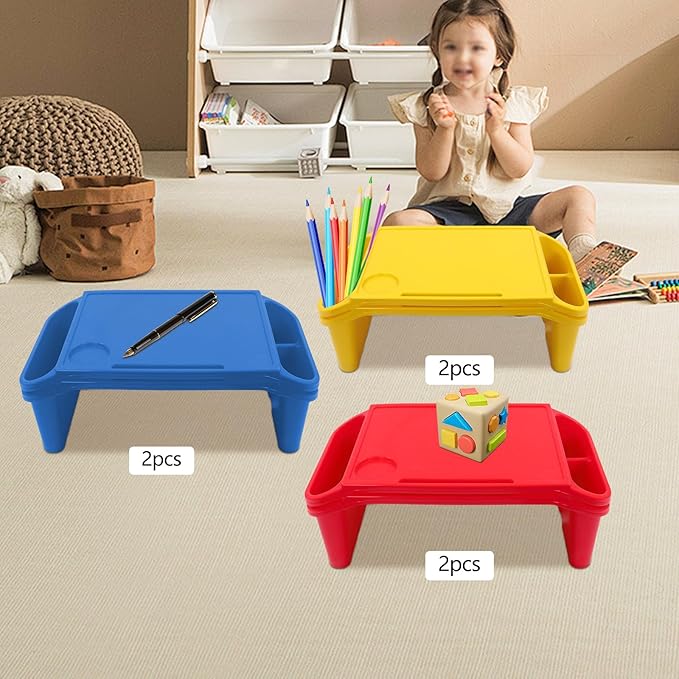 6 Pcs Kids Lap Desk Tray, Plastic Breakfast Lap Desk Trays with Side Pockets and Slot, Portable Lap Table Snack Tray for Eating, Writing, Drawing, Game, 19.69" L x 9.84" W x 7.1" H (3 Colors)