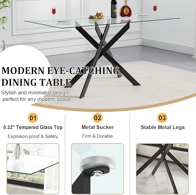 Modern Glass Dining Table Set for 6, Black Glass Kitchen Table and Chairs Set of 6, 7 Piece Dining Room Table Set with 61" Rectangular Metal Glass Dinner Table and 6 Grey Leather Dining Chairs