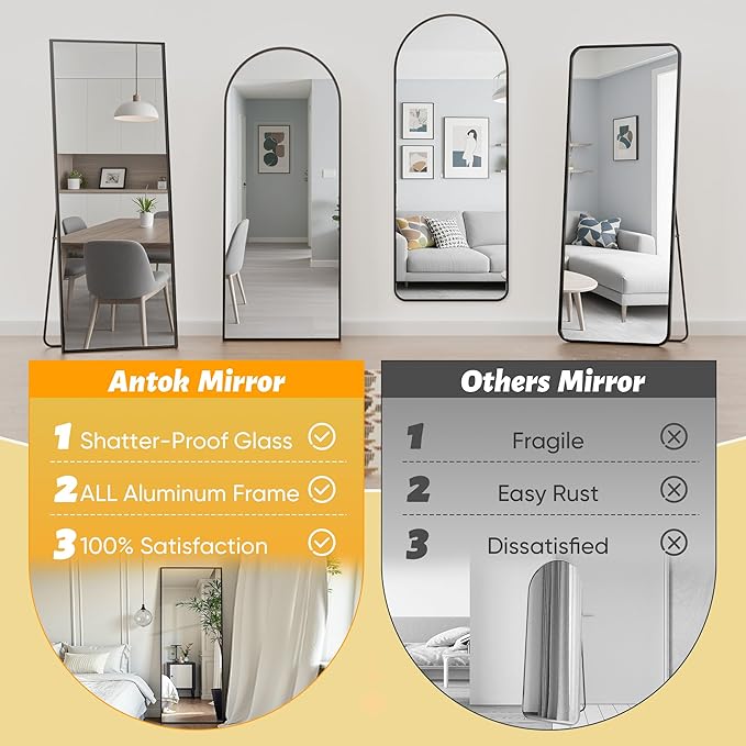 Antok Mirror Full Length, 76"x34" Big Floor Mirror, Oversized Full Body Mirrors with Stand for Bedroom, Living Room Cloakroom, Black, Rect Corner Style