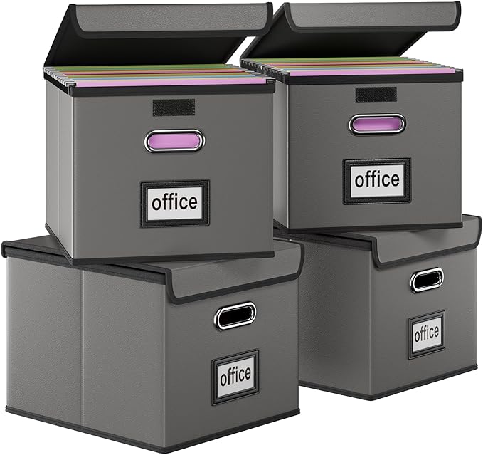 Huolewa Portable Leather File Organizer Boxes with Lids, Office Document Boxes Organizer, Filing Boxes, Decorative Small File Boxes for Hanging Files with Plastic Slide for Office/Decor/Home