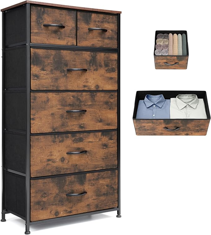 Fabric Dresser for Bedroom, Tall Skinny Dresser with 6 Drawers, Storage Organizer Tower, Steel Frame Wooden Top for Closet, Living Room, Hallway(Rustic Brown)