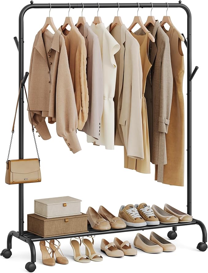 SONGMICS Clothes Rack, Clothing Rack for Hanging Clothes with Wheels, Garment Rack, Metal Frame, 110 lb Max. Total Load, 40.7 Inches Wide, Clothes Storage and Display, Black UHSR131B01