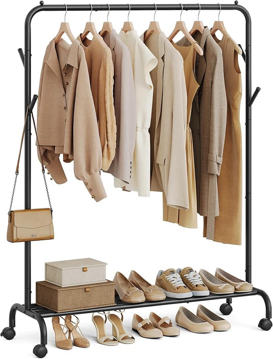 SONGMICS Clothes Rack, Clothing Rack for Hanging Clothes with Wheels, Garment Rack, Metal Frame, 110 lb Max. Total Load, 40.7 Inches Wide, Clothes Storage and Display, Black UHSR131B01