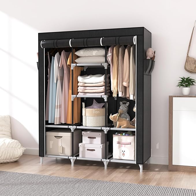 VTRIN Portable Closet, Large Capacity Portable Wardrobe with 2 Hanging Rods and 8 Storage Shelves, Sturdy Free Standing Closet Wardrobe for Hanging Clothes with Side Pockets, Black