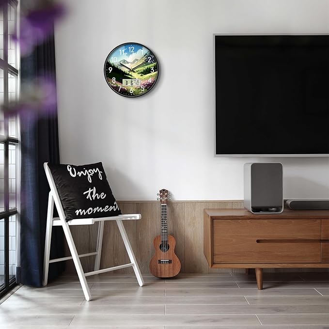 Digital Large Display Silent Wall Clock with Temperature Date Mountain Flowers Modern Non-ticking Battery Operated Mount Clocks Bathroom Kitchen Clock Farmhouse Living Room Office Decor 14 Inch