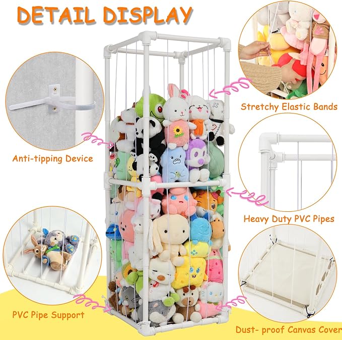 Stuffed Animal Storage Zoo Organizer, PVC Stuffy Toy Zoo Holder, 58'' Tall Vertical Plush Organizer, Large Stuffed Toy Cage for Nursery and Playroom