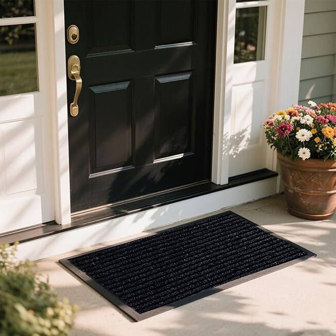 Outdoor Entry Rubber Rug, 4'x3' Commercial Heavy Duty Rubber Large Exterior Door Mat, Industrial Non-Slip Waterproof Welcome Floor Mats for Garage, Kitchen, Patio, Black 48" x 36"