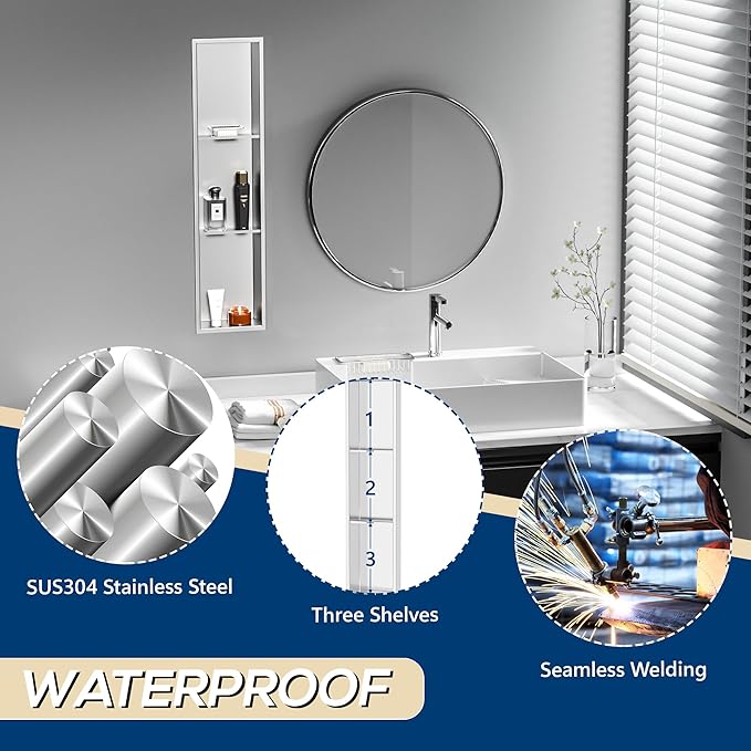 Stainless Steel Shower Niche 8" X 36", No Tile Needed Wall Niche Three-Tier, Recessed Shower Shelf for Bathroom Storage, Brushed Nickel