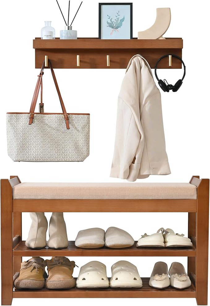 Shoe Rack for Front Door Entrance, 28” Entryway Bench with Coat Rack, Hall Tree Shoe Bench with Storage for Entry, Hallway, Bedroom, Living Room