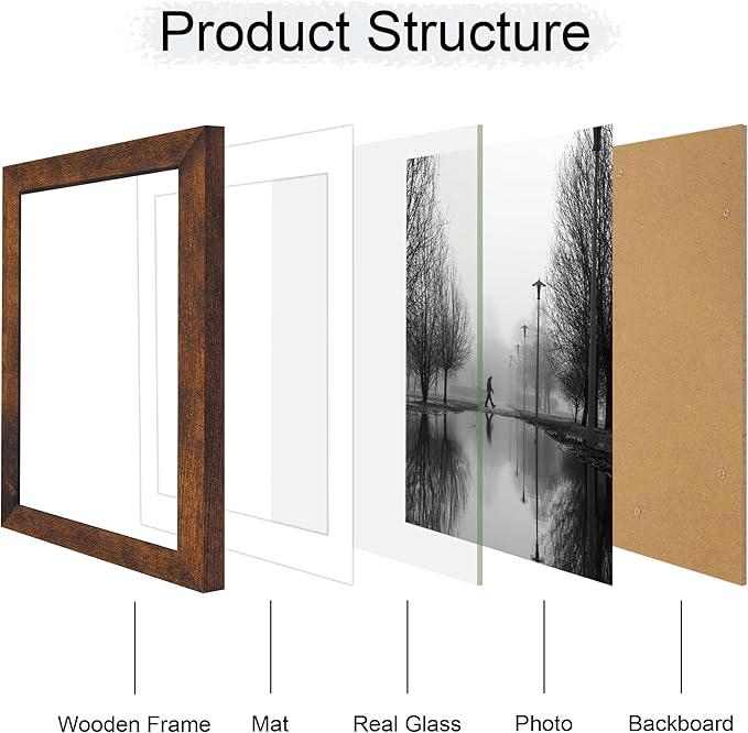 8x12 Picture Frame Set of 4 with High Definition Real Glass, Display 6x8 Pictures with Mat or 8 x 12 Without Mat, Rustic Photo Frames for Tabletop and Wall Mounting