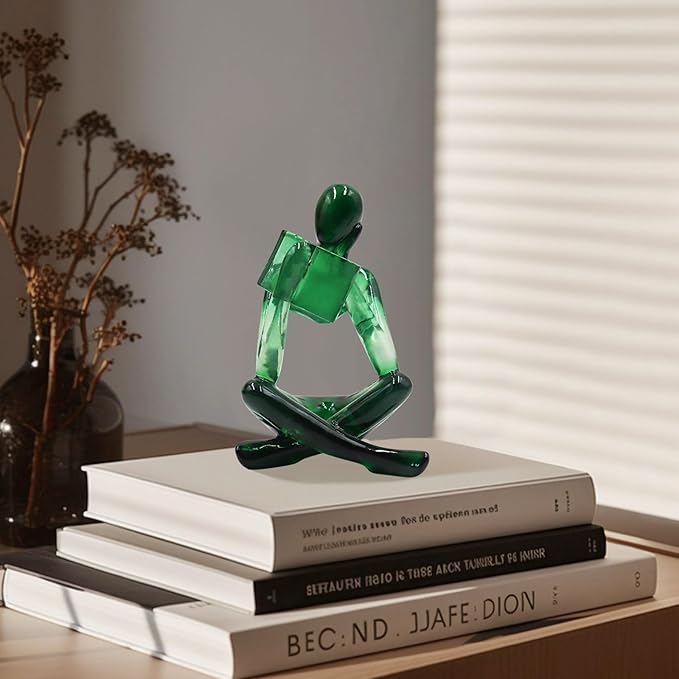 Reading Women Statue, Translucent Green Resin Thinker Sculptures, Abstract Art Ornament, Modern Aesthetic Figurine Decoration for Home Living Room Bedroom Office Shelf Table Desk Bookshelf Decor