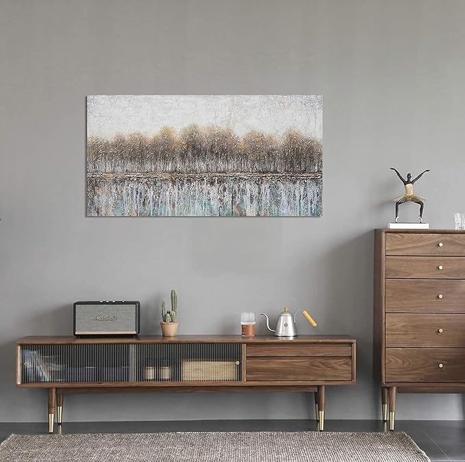 NdcSkyAr Large Oversized Tree Farmhouse Wall Art Neutral Rustic Painting Glitter Gray Brown Birch Canvas Prints for Living Room Bedroom Sofa Decor Framed