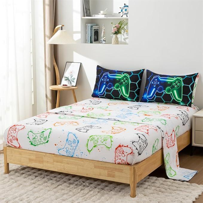 NTBED Game Console Comforter Set for Boys Girls Kids Geometric Lightweight Microfiber Bedding Sets (Blue Green, Full 5Pcs)