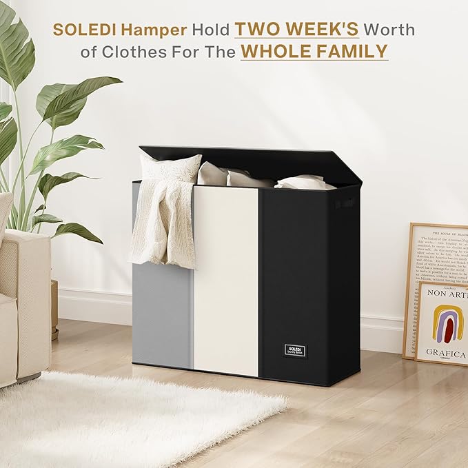 SOLEDI Laundry Hamper 3 Section with Lid and 3 Pcs Laundry Bag, Large Hamper 3 Compartment 180L, Basket Sorter for Bedroom Blanket Storage