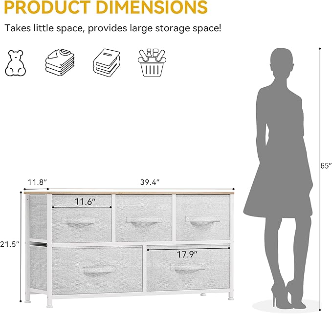 DWVO 5 Dresser for Bedroom, Storage Dresser with 5 Drawers, Wide Storage Tower, Chest of Drawers for Closet, Living Room