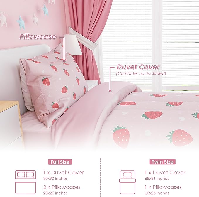 SANDJEST Strawberry Duvet Cover Sets Full Size for Kids Girls, Incude 1 Polyester Comforter Cover 80x90 Inches and 2 Pillowcases 20x26 Inches, Comforter Not Included, Gift for Christmas Birthday