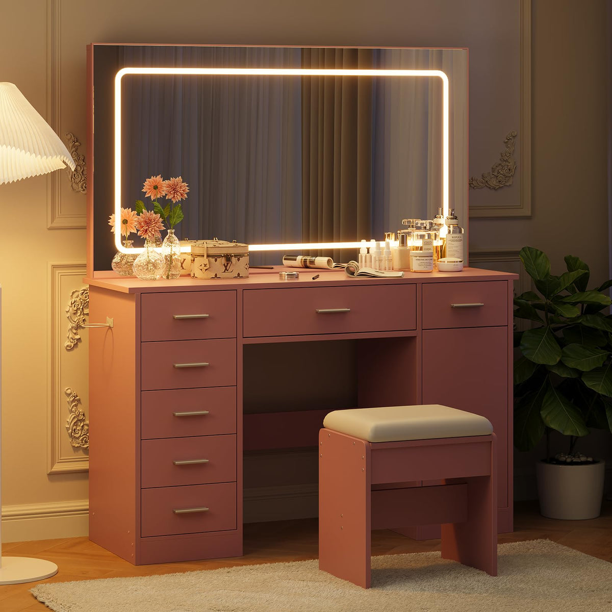 Garvee Modern Vanity Desk with Mirror & LED Lights – 7 Drawers, Pink