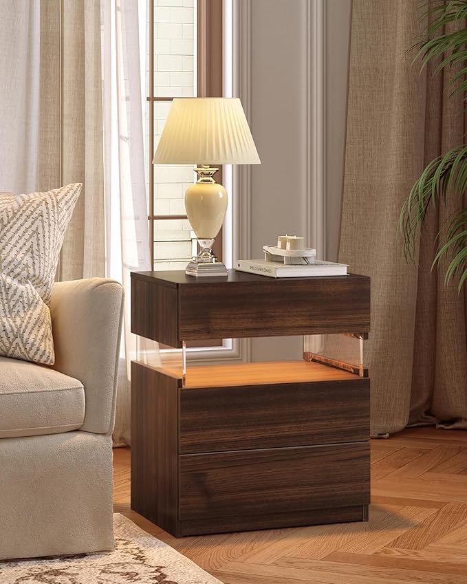 Bingoday LED Nightstand Wood LED Bedside Tables LED Night Stand with 3 Drawers End Side Tables for Bedroom Living Room