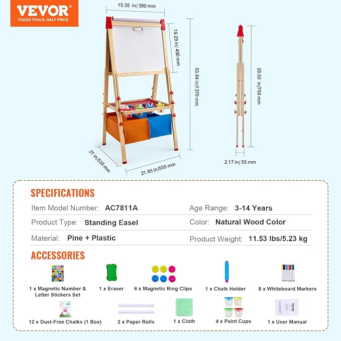 VEVOR Art Easel for Kids, 3-in-1 Wooden Double-Sided Kid's Art Easel with Magnetic Whiteboard, Chalkboard, Paper Roll, Adjustable Standing Drawing Board with Painting Accessories, Storage for Boy Girl